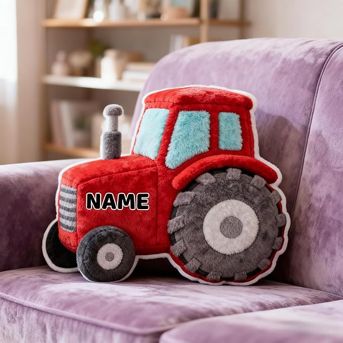 Personalized Tractor Shaped Pillow, Custom Name Plush Stuffed Pillows, Suitable for Beds, Sofas, Bedrooms, Living Rooms Custom Decorative Cushion Gifts for Birthday and Anniversary
