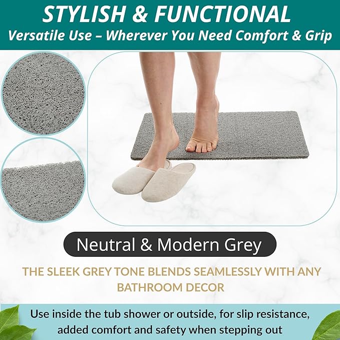 ENKOSI Loofah Non-Slip Shower and Bath Mat - Soft Cushioned Comfort - No Suction Cups for Smooth or Textured Tubs - Fast Draining - Safety for Bathroom, Family, Kids, and Elderly 24x16 (Grey)
