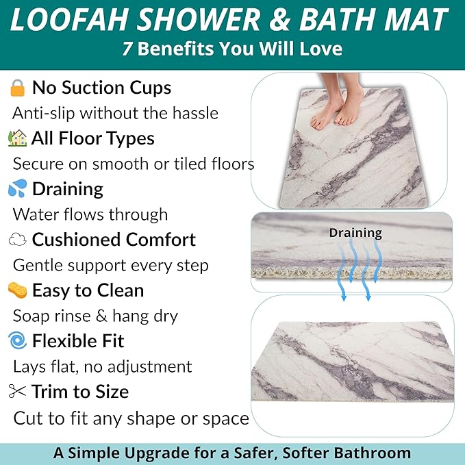 Enkosi Loofah Non-Slip Shower Mat - Shower Floors, Bathtub, Bathrooms, Wet Areas - Cushioned Bath Mat with Drain Holes - Quick Dry PVC, Secure Safety Pad Without Suction Cups (Marble Grey 32x24)