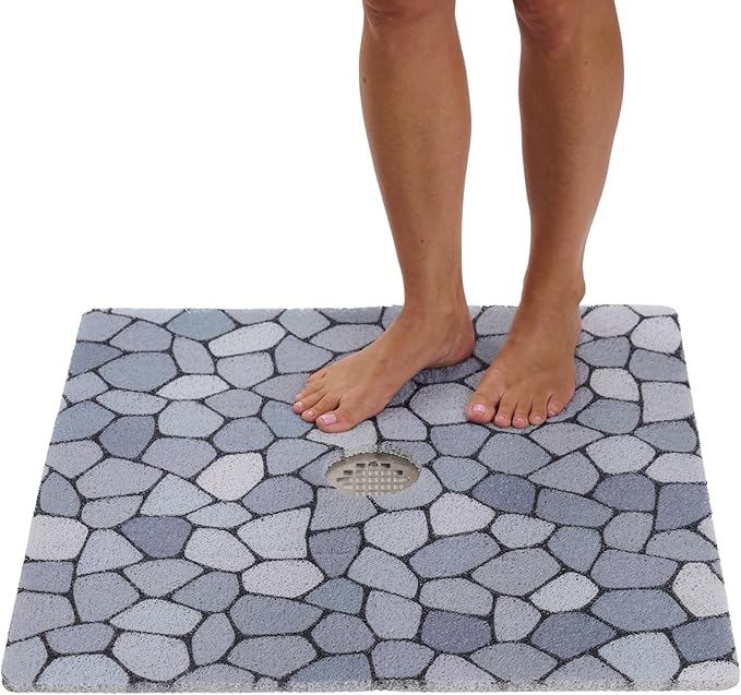 Shower Mat with Center Drain Hole - Secure Loofah Non Slip Shower Mats for Inside Shower - 27x27 Square Bath Mats for Shower - Anti Slip Shower Stall Mat - Square Shower Floor Mat (27x27 Pebble Blue)