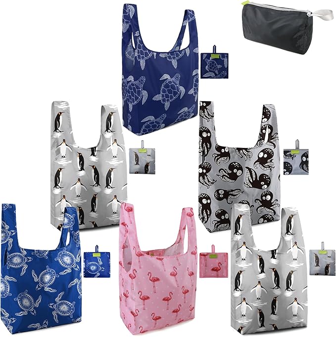 BeeGreen Reusable Grocery Bags Flowers Reusable Kitchen Bags Bulk Foldable-Machine Washable with Zipper Storage Pouch 6 Packs