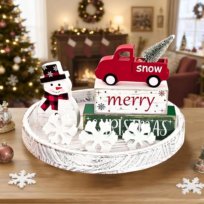 Yinhua Christmas Decorations Indoor, Christmas Table Decor, Red Truck Snowman Decorations with Xmas Tree & Snowflakes, Farmhouse Wooden Block Sign, Xmas Mantel Decor for Tiered Tray, Desk, Bookshelf