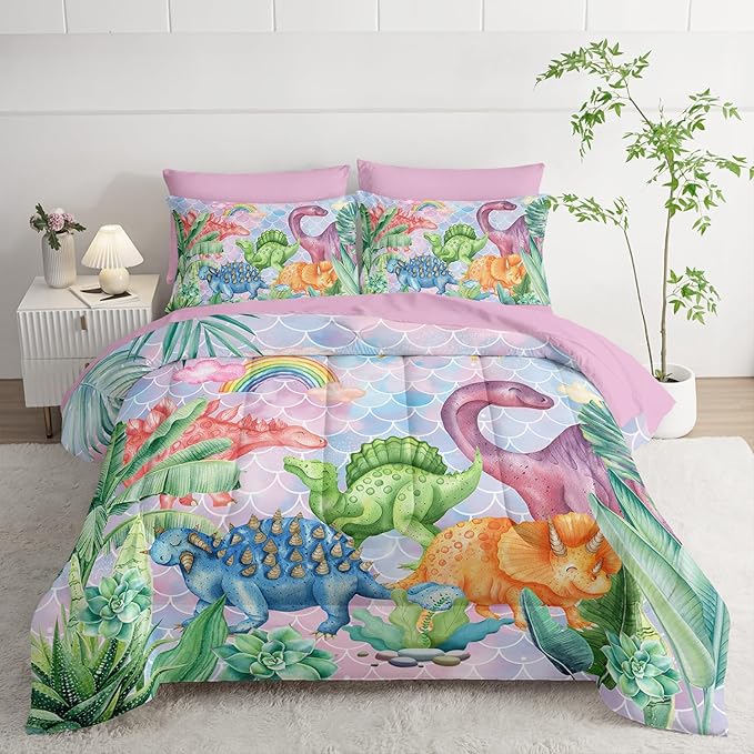 Pastel Dinosaur Comforter Set (7 Piece) - Mermaid Scale Kids Bedding, Pink Blue Purple Dinosaur Quilt Set for Boys Girls, All Season Microfiber Bed Set with Shams, Flat/Fitted Sheet (Twin)
