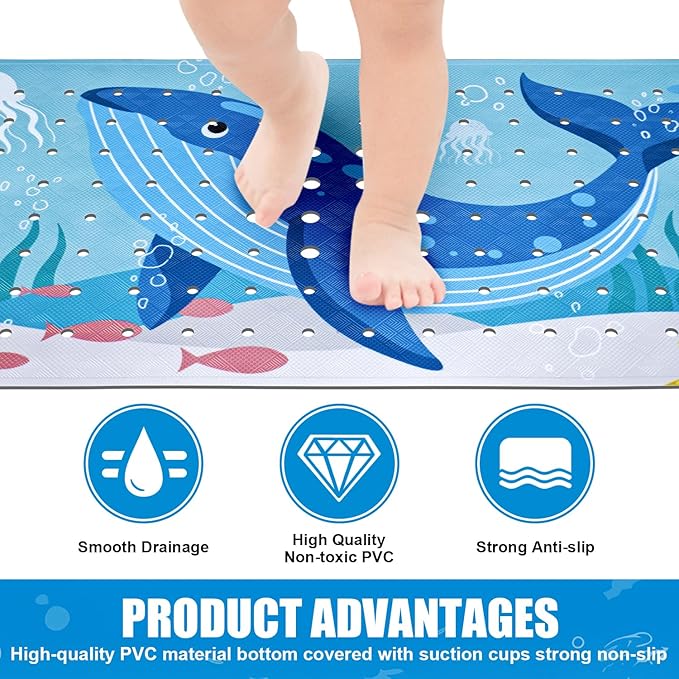 Vanleonet Baby Bathtub Mat Non Slip, 40''x16'' Bathtub Mat for Kids, Cartoon Tub Mats Non Slip with Suction Cups & Drain Holes, Machine Washable, Whale, Sea Turtle