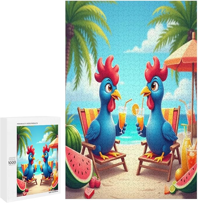 Jigsaw Puzzles for Adults 1000 Piece - Cartoon Seaside Holiday Chicken Wooden Puzzles, Family Puzzles，Educational Games，Challenge Puzzles Puzzle Games
