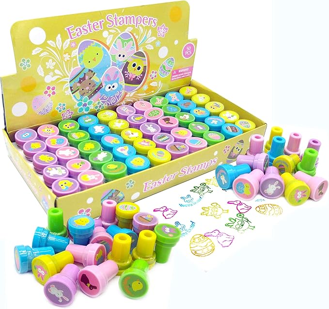 TINYMILLS 50 Pcs Easter Assorted Stampers for Kids Easter Egg Fillers Easter Basket Stuffers Classroom Rewards Church Easter Egg Hunt VBS Sunday School Rewards