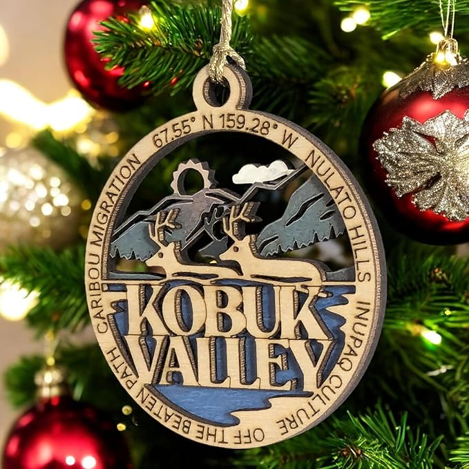 Kobuk Valley National Park Ornament - Handcrafted Wood Caribou Scene, Alaska Christmas Décor