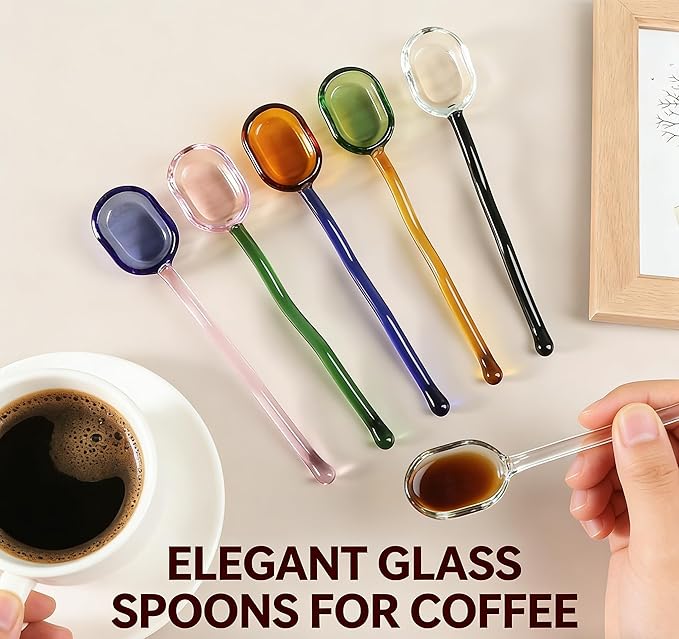 Glass Spoons 5/6 Pieces - 6.1 inch Crystal Coffee Teaspoons, Heat Resistant Long Handle Glass Drink Stirrers, Colored Translucent Spoons for Tea, Sugar, Yogurt, Dessert, Soup, Home Bar Party (5)