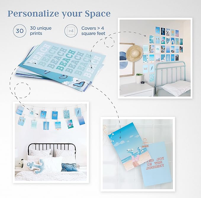 Haus and Hues Photo Collage Kit for Wall Aesthetic Decor Beach Aesthetic Posters for Wall Collage | Blue Room Decor (Blue Set of 30)