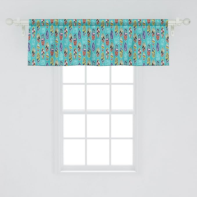 Ambesonne Surfboard Window Valance, Aloha Hawaii Live Free Ocean Water Sports Inspired Pattern Coastal Inspirations, Curtain Valance for Kitchen Bedroom Decor with Rod Pocket, 54" X 18", Seafoam