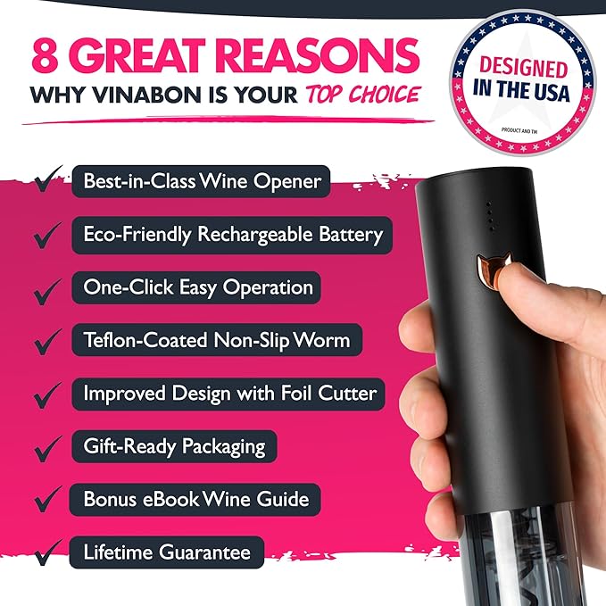 VINABON Electric Wine Opener - Updated 2026 One-Touch Automatic Wine Bottle Opener Corkscrew - Rechargeable (Up to 100 Bottles/Charge) with Foil Cutter Stand, LED Indicator. Includes Wine Guide eBook