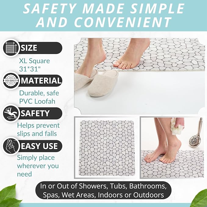 Square Shower Mat - Non Slip Shower Mats for Inside Shower - Extra Large 31x31 Shower Floor Mat Non Slip - Square Bath Mat for Shower - Secure Anti Slip Loofah Shower Bath Mat (31x31 Pebble)