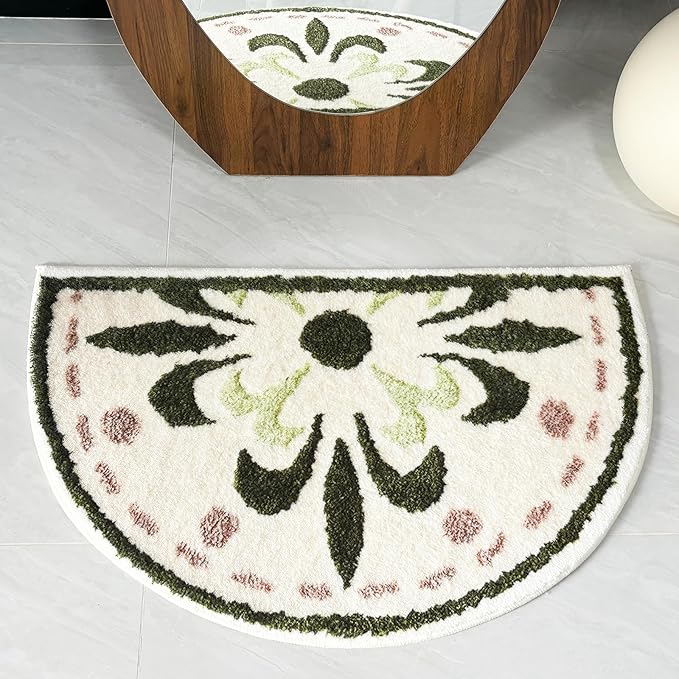 Washable Cute Bath Mat for Bathroom,31x20 Half Circle Non-Slip Small Bath Rugs, Absorbent Quick Dry Bath Mats, Plush Carpet for Bathtub, Boho Farmhouse Decor (Green Flower)