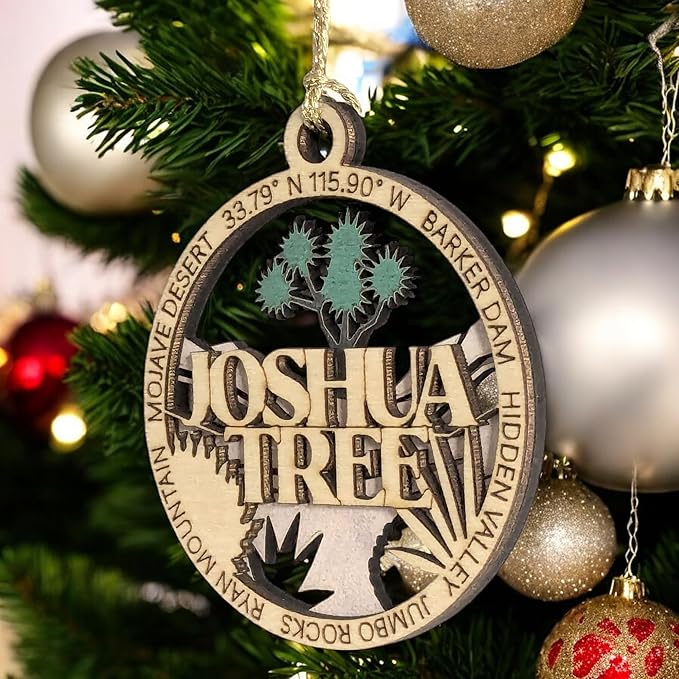 Joshua Tree National Park 3" Christmas Ornament - Laser Cut Wood, 2-Layer Design Featuring Mojave Desert Landscape, USA-Made