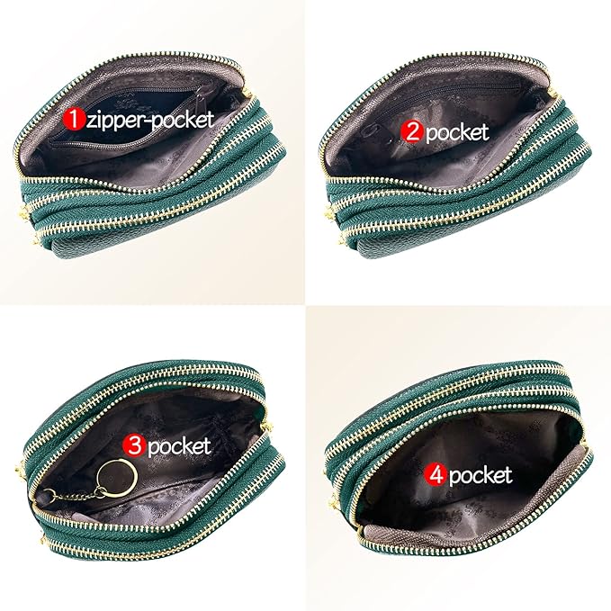 LINNO 3 Zippered Genuine Leather Coin Purse Triple Capacity Change Pouch Little Travel Wallet With Key Ring for Women