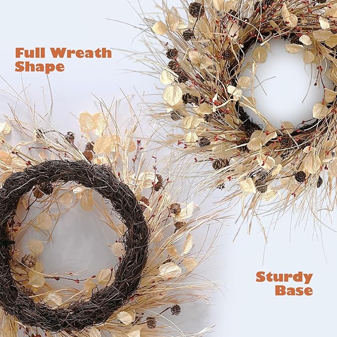 Fall Wreath for Front Door 24 Inch Fall Door Wreaths, Large Autumn Wreath with Berry Pinecones and Raffia, Grapevine Decor for Door Wall Window Home and Halloween Christmas Thanksgiving Decoration