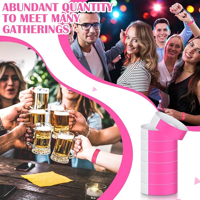 Tudomro 1200 Pack Plastic Paper Wristbands for Events Neon Party Wrist Bands Colored Waterproof Concert Identification Hand Bands Lightweight Adhesive Wristband(Pink)