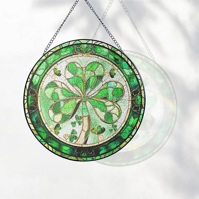 FLAGWIX Christmas Irish Gifts for Women Men - 100% Stained Glass Hanging Suncatcher 6 in - Birthday Christmas Irish Decorations for Family Friends, Shamrock Home Decor, St Patricks Day Decorations