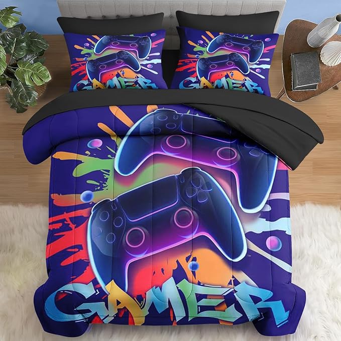 Comforter Set Twin Size, Game Graffiti 5 Pcs Bedding for Kids and Adults, Neon Geometric Gaming Bed Sheet Sets with Fitted Sheet Pillowcase & Sham for Bedroom Bed Decor