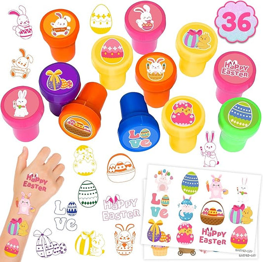 36PCS Easter Party Favors - 24PCS Temporary Tattoos & 12PCS Stamps - Ideal Spring Egg Bunny Themed Birthday Card Decorations Supplies Goodie Bag Cute Rewards for Boys Girls Classroom Gifts Prizes