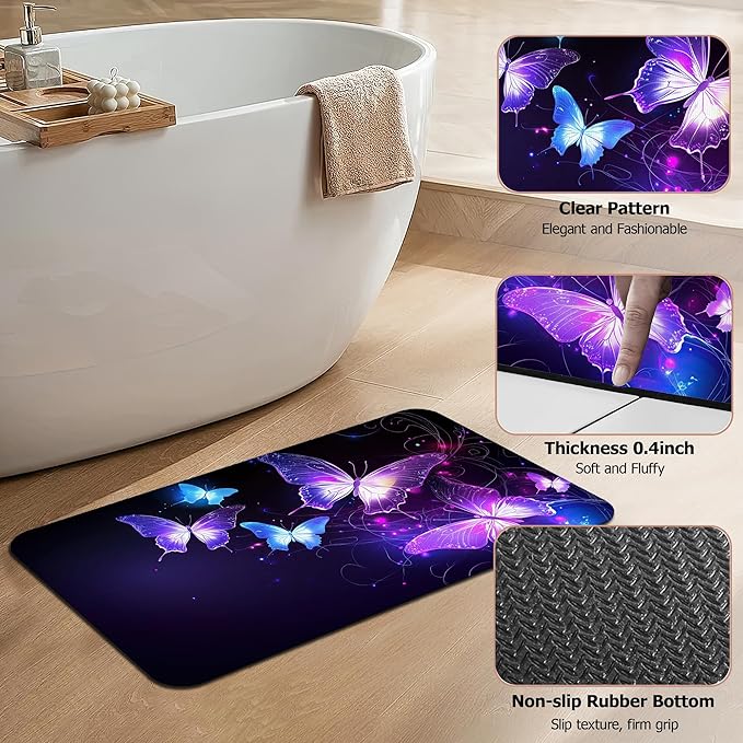 Diatomaceous Earth Bath Mat,Flying Butterflies Bath Rugs,Glowing Stars Non-Slip Thin Absorbent Fast Drying Easy to Clean for Bathroom Laundry Home Kitchen Door Mat 17x29.5Inch