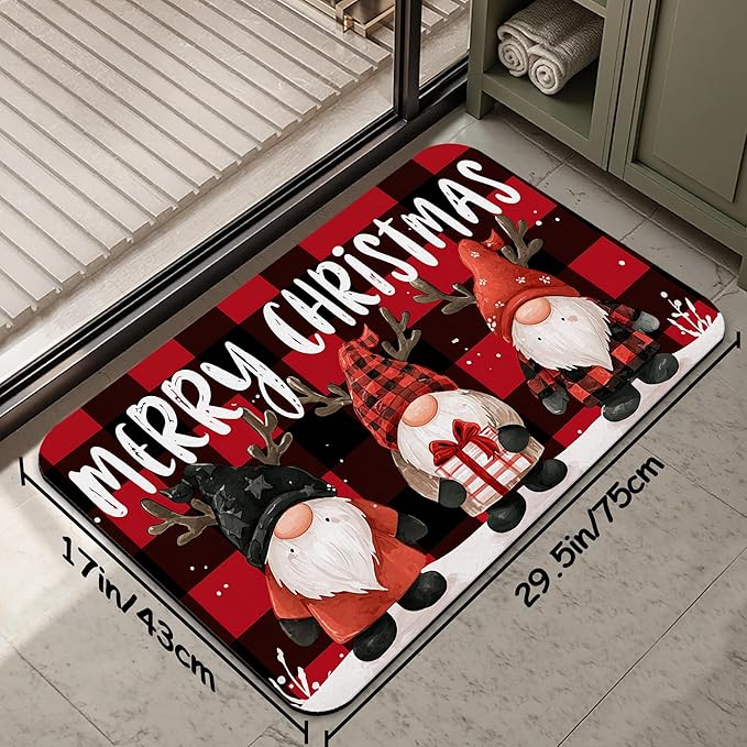 Christmas Gnomes Bathroom Mat, Non-Slip Rubber Backing Thin Low-Profile Bath Rug, Easy-Clean Bathroom Floor Mat for Shower, Bathtub, Kitchen, or Entryway