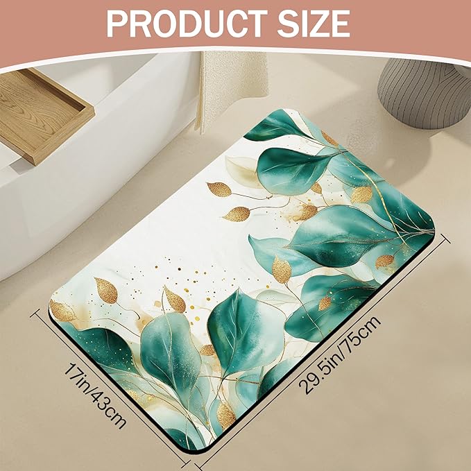 Eucalyptus Gree Bathroom Rugs,Bath Mats for Bathroom,Gold Foil Low Pile Absorbent Bath Mat,Rubber Backing Non Slip Washable Thin Quick Dry Door Mat 17x29.5 Inch