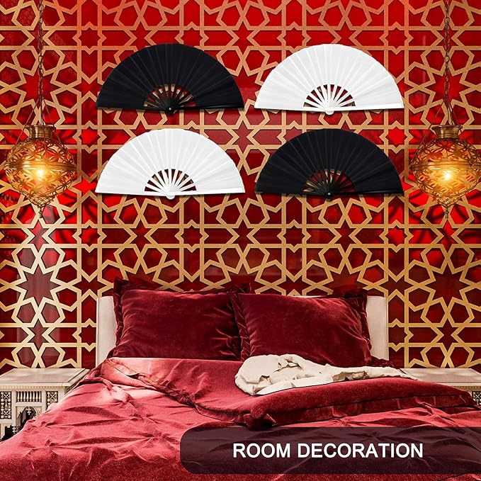 Blulu 4 Pcs 13 Inch Large Folding Hand Fans for Line Dancing Big Clapping Popping Raves Fans Bulk for Dancing Boots on The Ground Festival Party Decoration(Classic Style, Black, White)