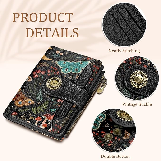 Butterfly Small Wallet Women RFID Blocking Bifold, Credit Card Holder, Zipper Coin Pocket, PU Leather, Compact, Travel, 4 ID Window, 14 Card Slots, Cash Purse, Ladies Woman Female Girls