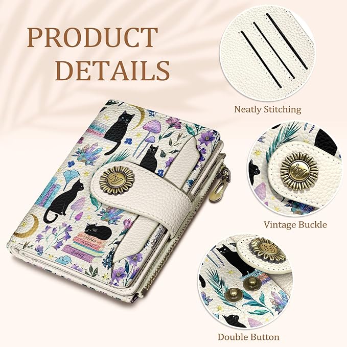 Black Cat Small Wallet Women RFID Blocking Bifold, Cute Credit Card Holder, Zipper Coin Pocket, PU Leather, Compact, Travel, 4 ID Window, 14 Card Slots, Cash Purse, Ladies Woman Female Girls