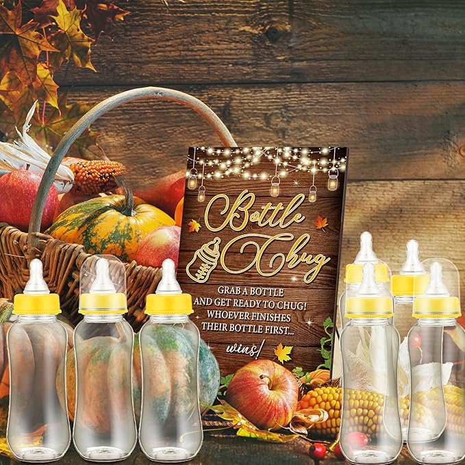 TrelaCo Cool Baby Shower Games Wooden Bottle Chug Sign Fall Pumpkin Gift Set and 12 Pcs Baby Bottle Shower Favor for Thanksgiving Decor Game