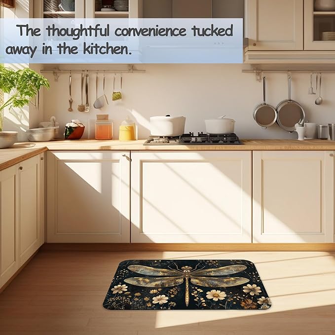 Vintage Dragonfly Bathroom Rug 29.5"x17",Flowers Quick-Drying Super Absorbent Diatomite Bath Mat with Non-Slip Backing, Thin Washable Bathroom Floor Mat Fits Under Door for Shower, Sink, or Tub