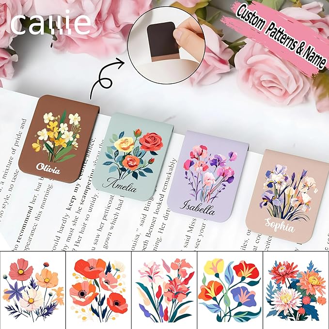 callie Personalized Magnet Bookmark Clips - Custom Birth Flower & Name, Leather Magnetic Book Page Marks for Reading, Gifts for Women Men Book Lovers