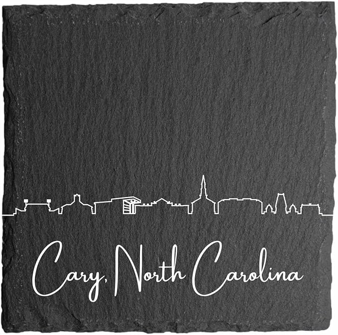 Blue Ridge Mountain Gifts - Cary NC Skyline Coasters, Set of 4 - Cary North Carolina Souvenir, Slate Coasters with Minimalist Skyline, Housewarming Gift for Friends, Family, & Neighbors
