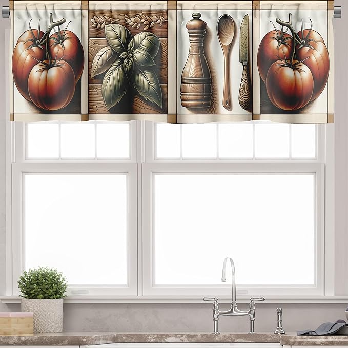 Ambesonne Vintage Valance & Tier Curtain 3 pcs Set, Tomato Checkered Gingham Squares Food Art Leaf Details Cozy Cottagecore, Window Treatments for Kitchen Room Decor, 55" x 36", Paprika Rust and Green