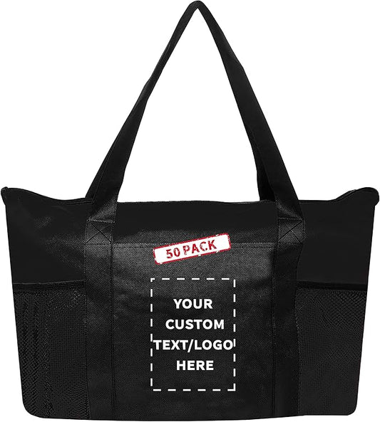 DISCOUNT PROMOS 50 Zippered Non-Woven Tote Bags Set - Customizable Text, Logo - Mesh Pocket, Zippered, Recyclable, Reusable - Black - 19"X14"X3", with Zipper