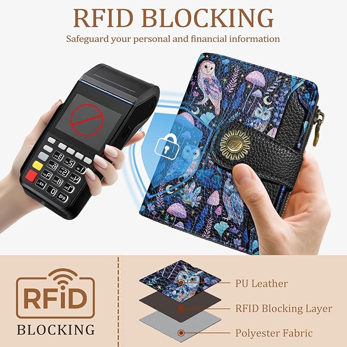 Owl Small Wallet Women RFID Blocking Bifold, Credit Card Holder, Zipper Coin Pocket, PU Leather, Magic, Compact, Travel, 4 ID Window, 14 Card Slots, Cash Purse, Ladies Woman Female Girls