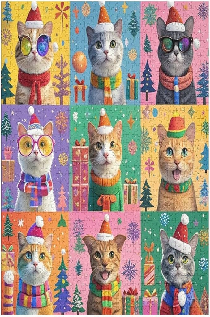 Wooden Puzzle 1000 Pieces Adult - Christmas Dog Cat Puzzle Christmas Puzzles, Holiday Puzzles, Family Toys, Party Games, Jigsaw Puzzle Challenge and Funny
