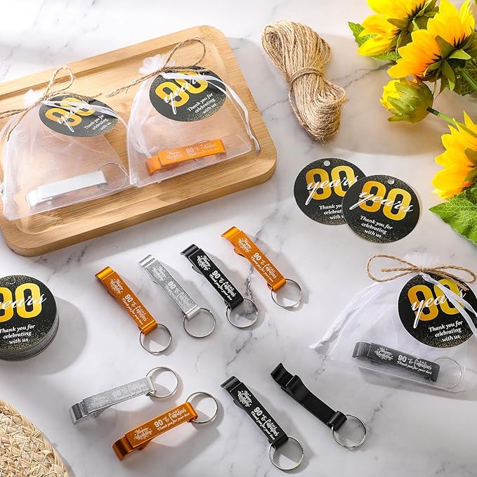 Dandat 54 Sets 90th Birthday Party Favors for Guests Birthday Beer Opener Keychain Cheers to 90 Bottle Opener Keychain with Thank You Cards and Gift Bags for Anniversary Wedding Party Favors