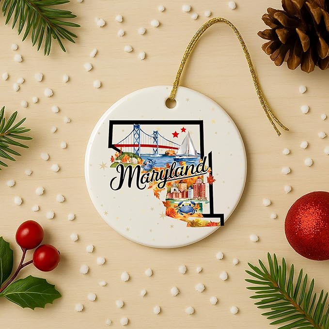USA State Landmark Ceramic Ornament – Round Glossy Christmas Decoration Featuring U.S. State Art, Landmarks & Holiday Scenery – Collectible Travel Souvenir Ornament Series (Maryland)