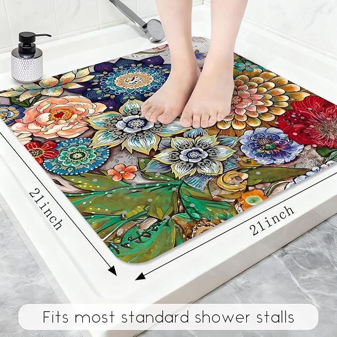 Bathtub Mat Non Slip, Bohemia Square Bath tub Mat Shower Floor Mat with Suction Cups for Adults Kids Elderly 21 X 21 Inch