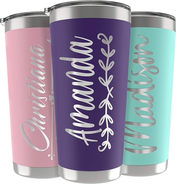 Personalized Gifts For Women - 20 Oz. Custom Tumblers w/Lid, Purple - Insulated Travel Coffee Mugs - Optional Straw Set, Stainless Steel Double Wall Coffee Tumbler, Personalized Cups