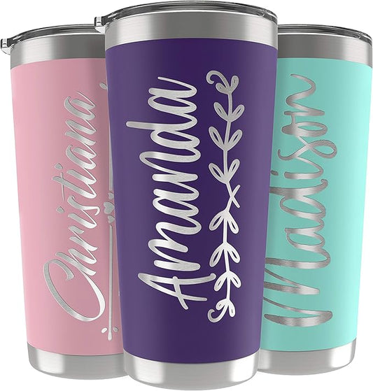 Personalized Gifts For Women - 20 Oz. Custom Tumblers w/Lid, Purple - Insulated Travel Coffee Mugs - Optional Straw Set, Stainless Steel Double Wall Coffee Tumbler, Personalized Cups
