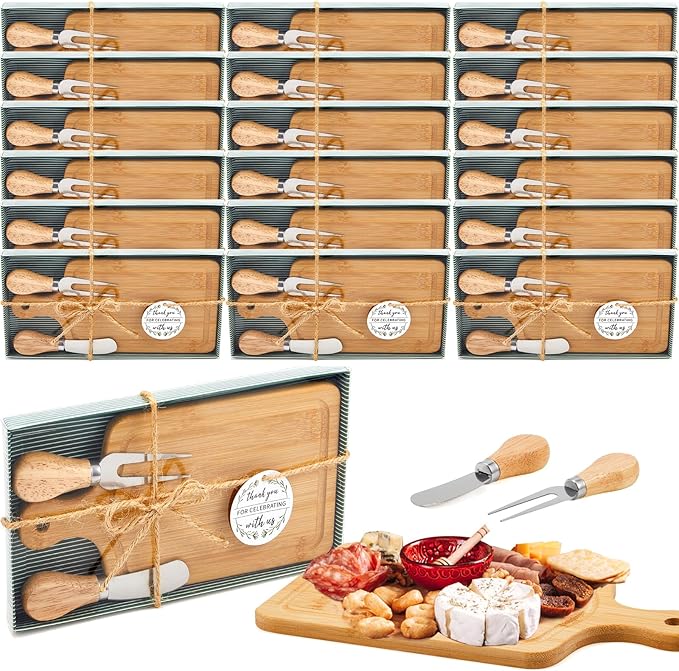 24 Set Bridal Baby Shower Cheese Prizes Wooden Square Board Gift Set Knives Forks Thank You Tags with Box for Guests for Valentines Bridal Baby Shower Housewarming Gifts (Bamboo Color)