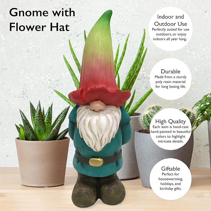 Design House 395863 Indoor/Outdoor Gnome with Flower Hat Figurine Statue for Garden Patio Home & Office Décor Housewarming Gifting Birthdays, 12-Inch, Multicolor