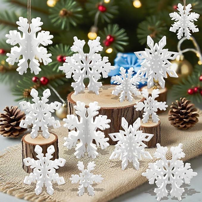 48 Pcs Wooden Snowflakes Table Decor for Christmas Table, 3D Snowflake Tabletop Signs Centerpiece for Xmas Winter Wonderland Decorations Home Party(White)