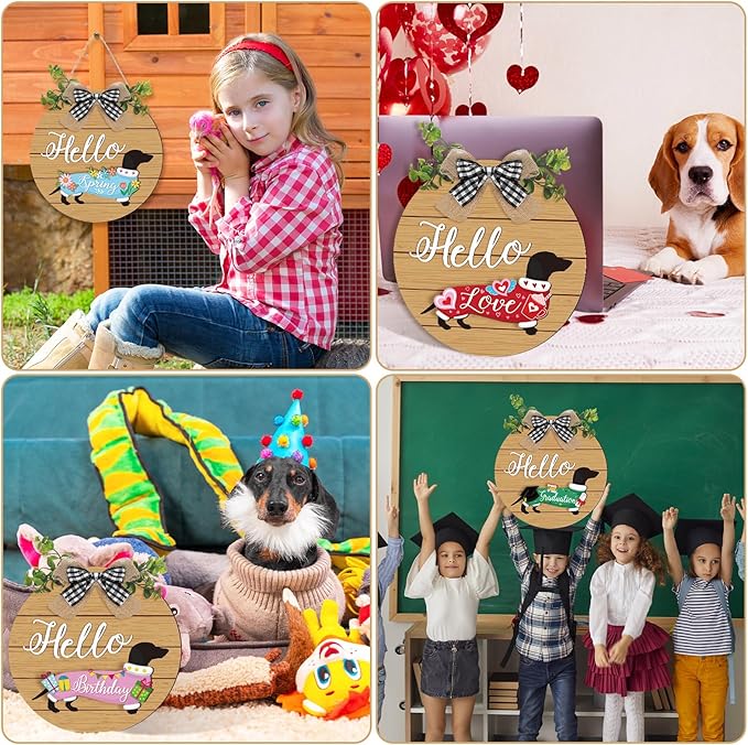 Glenmal 16 Pcs Seasonal Dachshund Door Decor for All Season and Holiday Hanging Cute Christmas Dachshund Welcome Sign Rustic Wooden Farmhouse Front Door Signs Outdoor(Brown)