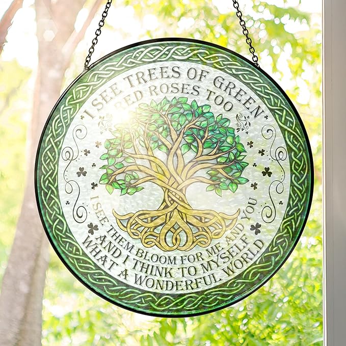 FLAGWIX Tree of Life Gifts for Women Men - Stained Glass Window Hanging 8 in - House Warming Birthday Gifts for Friend Family, Tree of Life Decor Suncatchers for Windows Hanging, Celtic Garden Decor