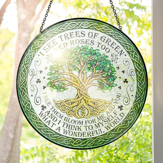 FLAGWIX Tree of Life Gifts for Women Men - Stained Glass Window Hanging 8 in - House Warming Birthday Gifts for Friend Family, Tree of Life Decor Suncatchers for Windows Hanging, Celtic Garden Decor