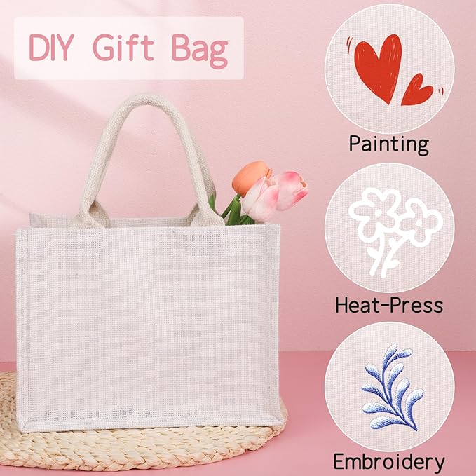 Segarty Jute Bags, 3 Pack Small White Reusable Burlap Canvas Gift Favors Bags with Handles Blank Tote Bulk for Beach Trip, Bridesmaid Wedding, Bachelorette Party, Women Market Grocery Shopping